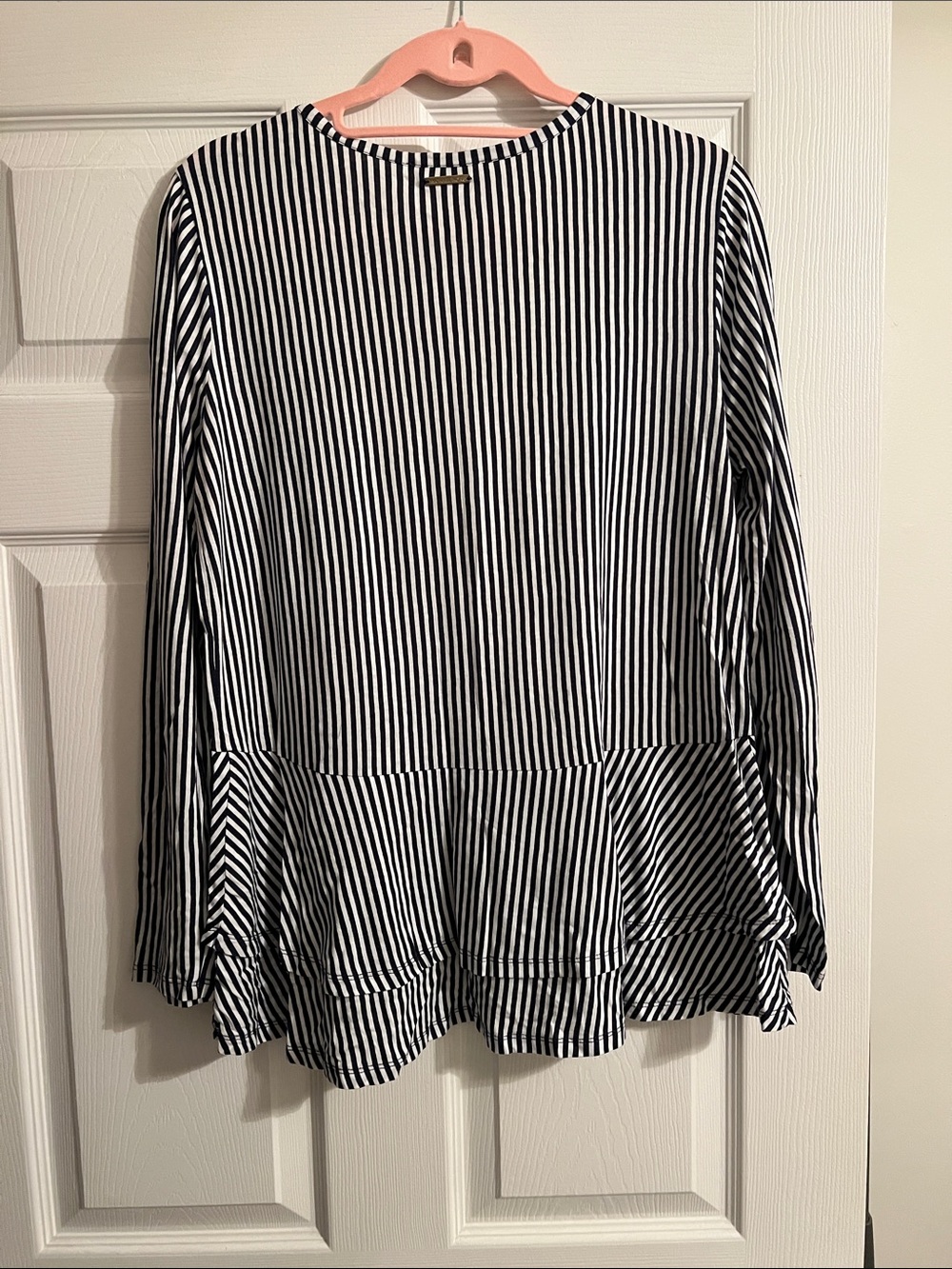 Michael Kors Navy Blue and White Striped Long Sleeve Peplum Top - Picture 3 of 3